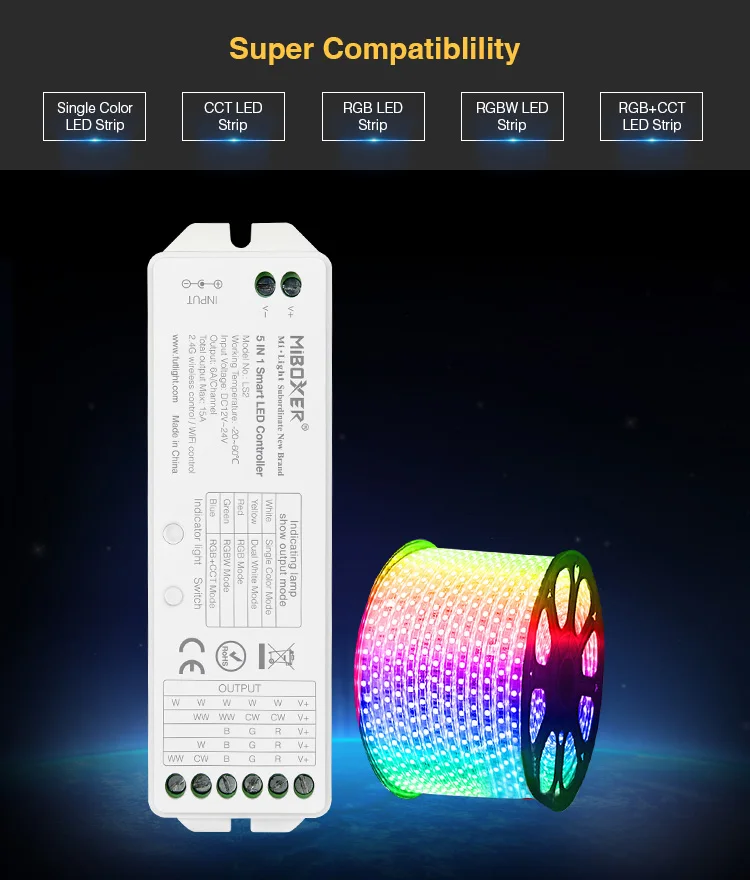 Mi Boxer LS2, светодиодный контроллер 5 в 1 MI boxer DC12-24V RGB широкоформатный контроллер Одноцветный RGB+ CCT RGBW RGBWW светодиодный контроллер