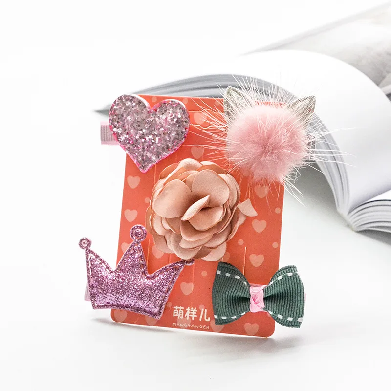 Children's hairpin set hair accessories 5PCS/SET baby flowers bow side clip girls crown all-inclusive cloth side clip