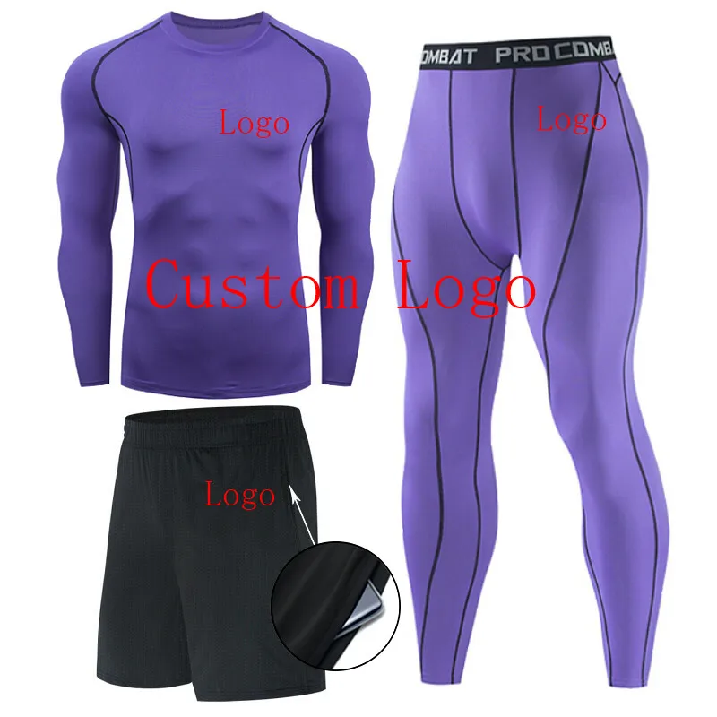 

Your OWN Design Brand Logo/Picture Men Tracksuit Black T-shirt long sleeve Sports leggings Gym suit Compression training pants