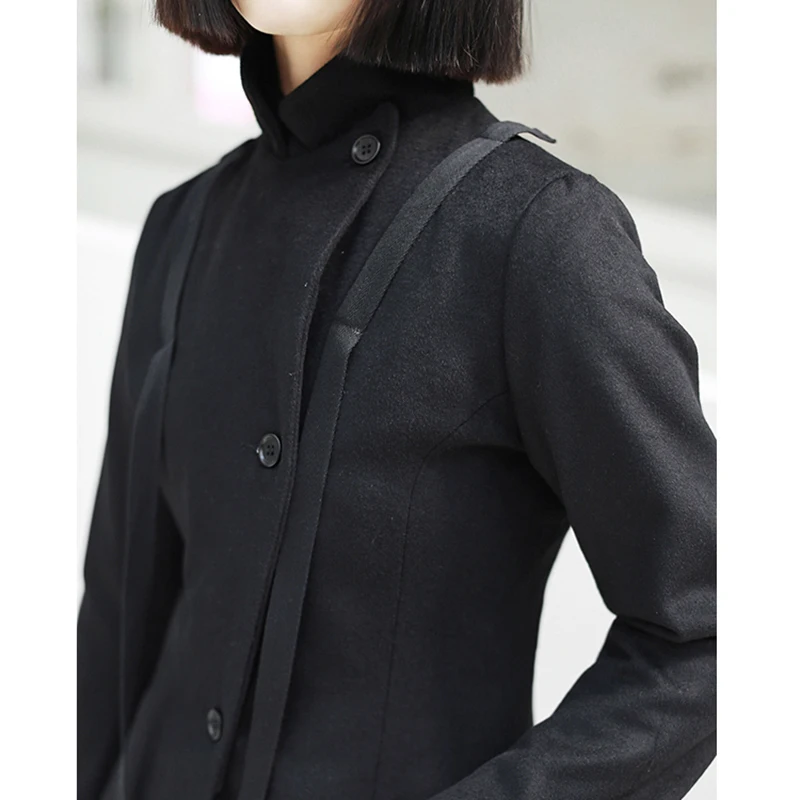 

[EAM]2021 New Spring Lapel Long Sleeve Black Loose Ribbon Stitch Cut Irregular Hem Woolen Coat Women Jacket Fashion JK104