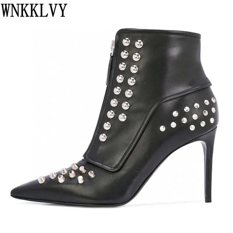 

Pointed toe high heels motorcycle boots 2020 women genuine leather metal rivets ankle botas sexy short boots runway stilettos