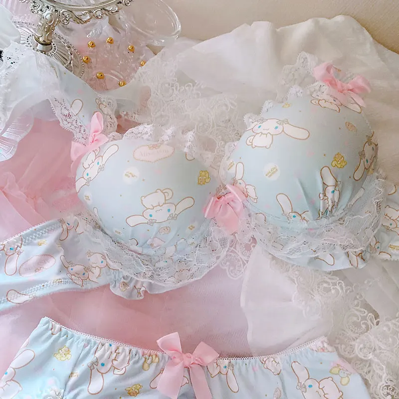 Soft Sister Japanese Girl Heart Rabbit Ears Underwear Loli Lace Edge Bow Bowprincess Cute Gather Thickened Steel Ring Bra Set