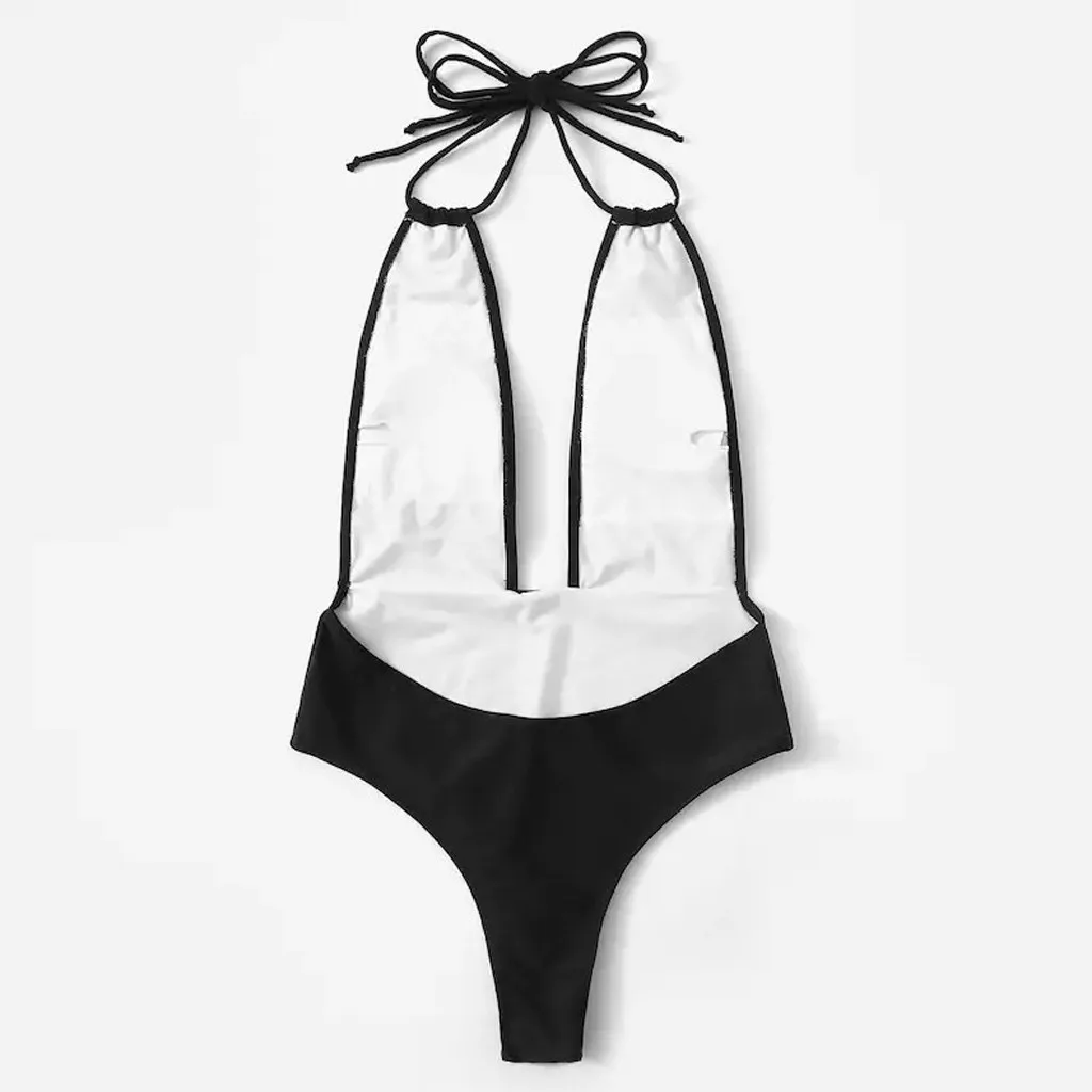 2020 сексуальный сдельный купальник черный на бретельках шнуровке для женщин без
