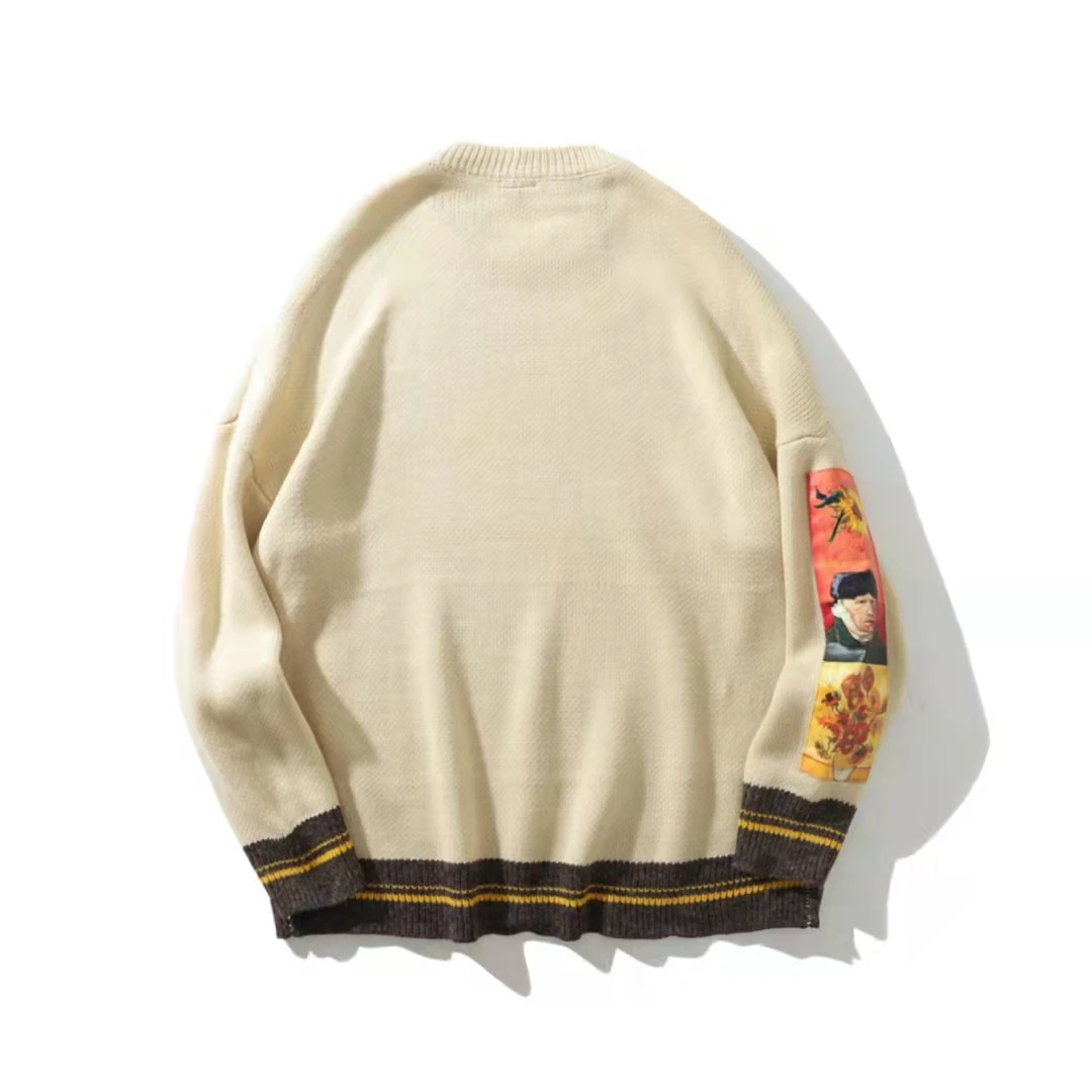 Мужской трикотажный свитер с вышивкой Ван Гога черный или серый винтажный