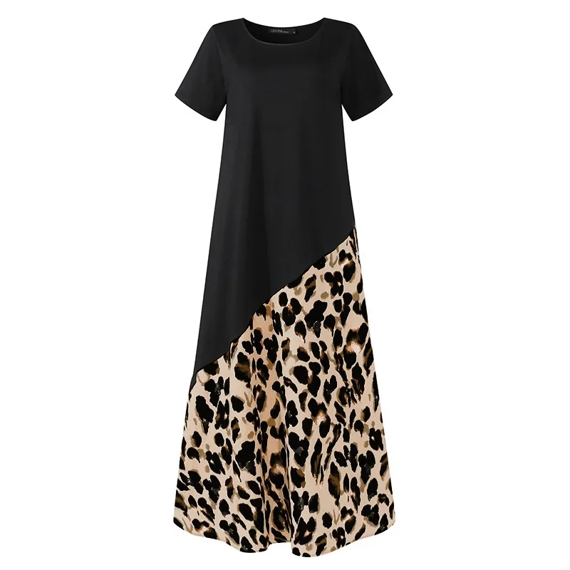 

Women's Summer Loose Long Dress Casual Short Sleeve Leopard Printed Maxi Dress Plus Size