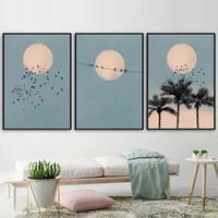 evening sun moon sky canvas painting bird coconut tree poster landscape prints art wallpaper decoration living room bedroom