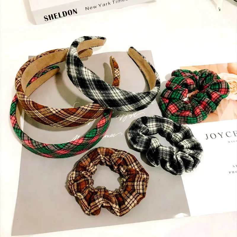 

Fabric Headband for Women Girl Korean Vintage Plaid Wide Autumn Winter Plain Hairband Scrunchies Fashion Hair Accessories