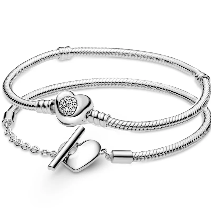

Moments Pave Heart T-bar With Crystal Clasp Snake Chain 925 Sterling Silver Bracelet Fit Fashion Bangle Bead Charm Diy Jewelry