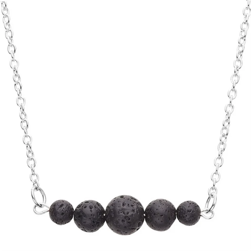 FYJS уникальный посеребренный черный камень лавы Круглый бисер кулон слой