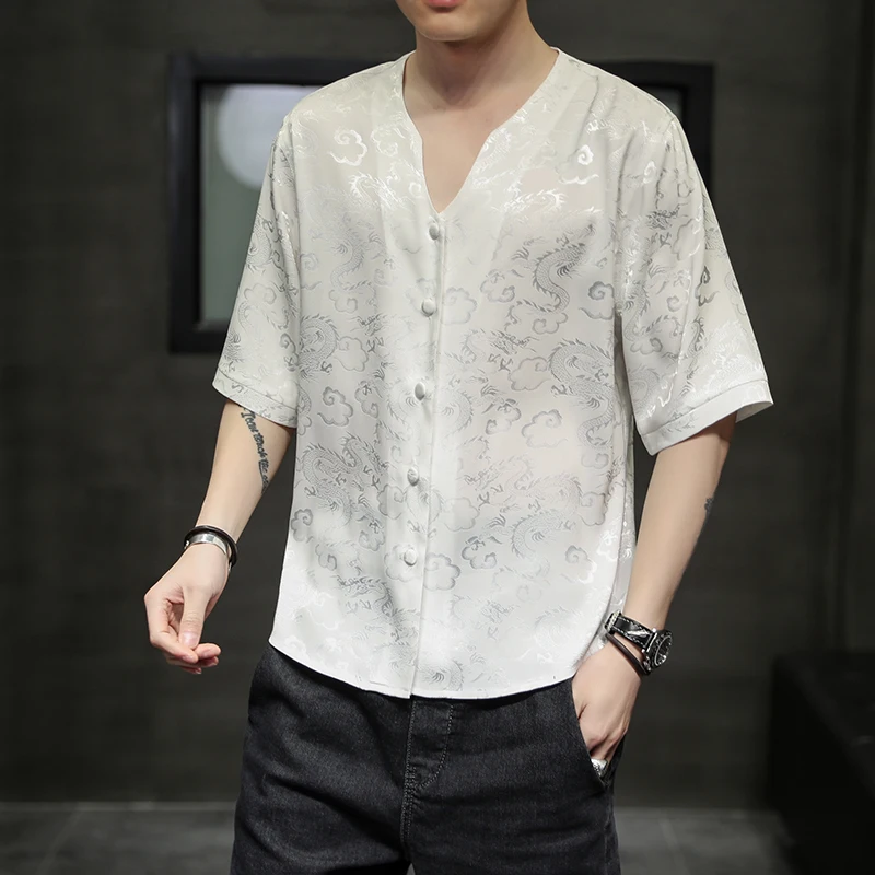 

Summer Chinese Style Clothing Men's Tops Loose Casual Large Size Ice Silk Cotta Chinese T-shirt Short Sleeve Shirt for Men