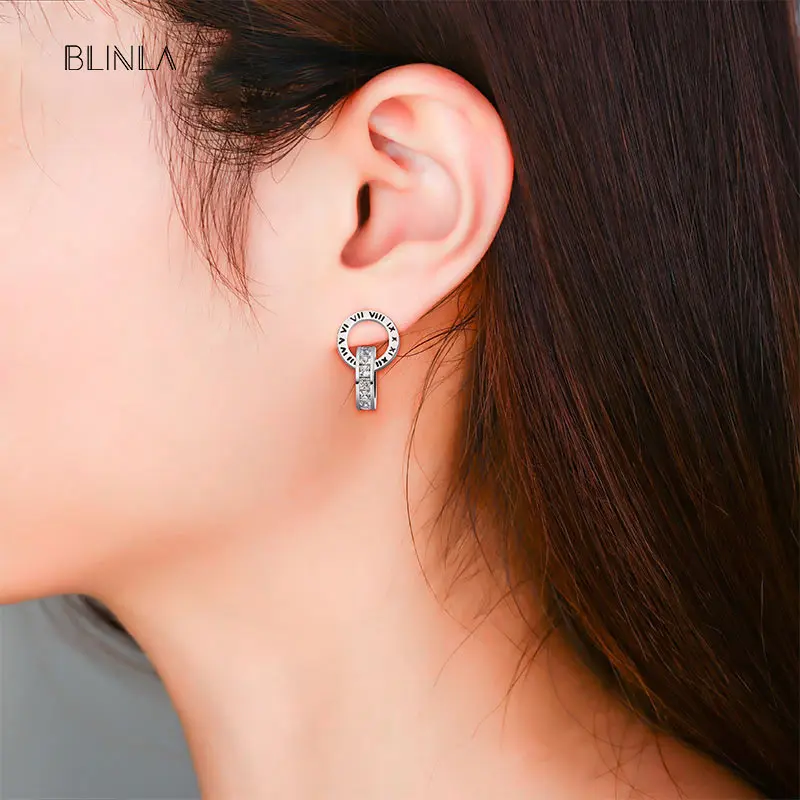 

BLINLA Fashion Luxury Korean Roman Numerals Stud Earrings for Women New Stainless Steel Gold Silver Color Zircon Earring Jewelry