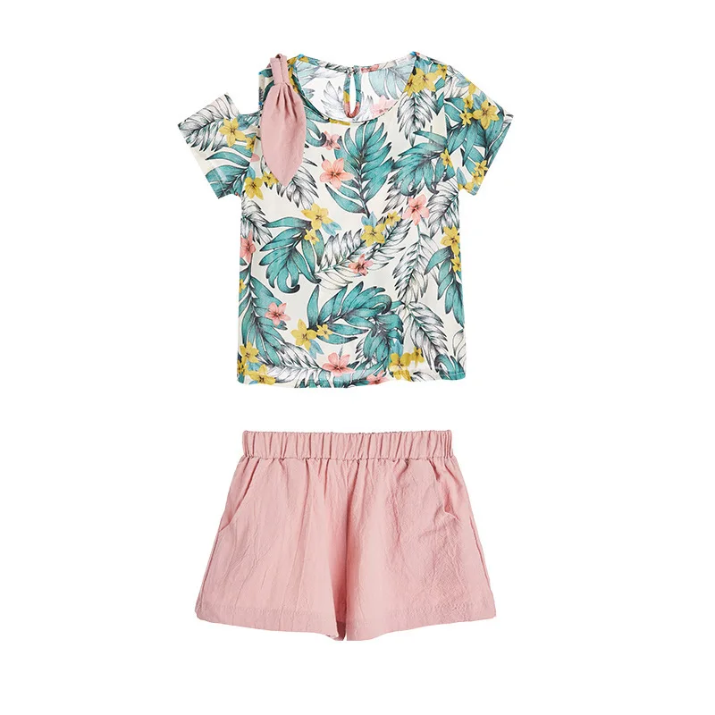 

Flower Leaf Print T-shirt+Solid Shorts 2Pcs Girls Clothing Sets For Girls Beach Suit 2021 Summer Fashion Childrne Clothes Suit