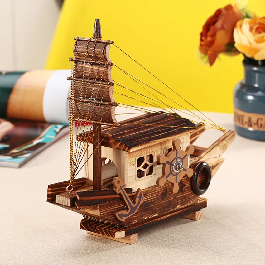 

Wooden Sailboat Craft Helm Wood Model Home Decoration Accessories Music Box Gift Creative Sailing Retro Handmade Boat Ship