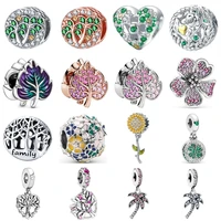 new silver color hollow family tree leaves flowers pav%c3%a9 zircon pendants beads fit original brand bracelet women charms jewelry