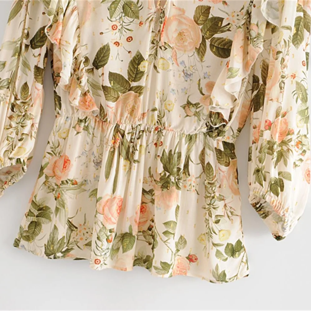 

Early autumn women's wear new 9-minute sleeve tie V-neck flower fresh printed chiffon shirt