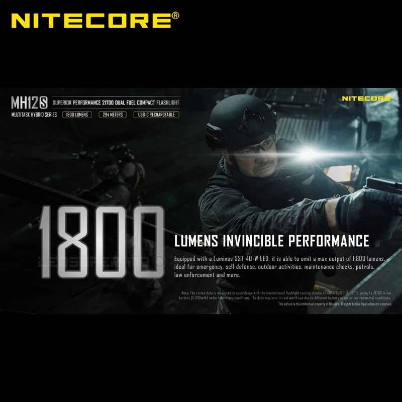 Высокопроизводительный компактный двухтопливный фонарик NITECORE MH12S 1800 люмен 21700 с