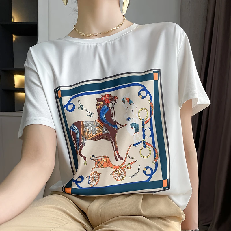 Новая Летняя шелковая атласная футболка с коротким рукавом принтом тутового