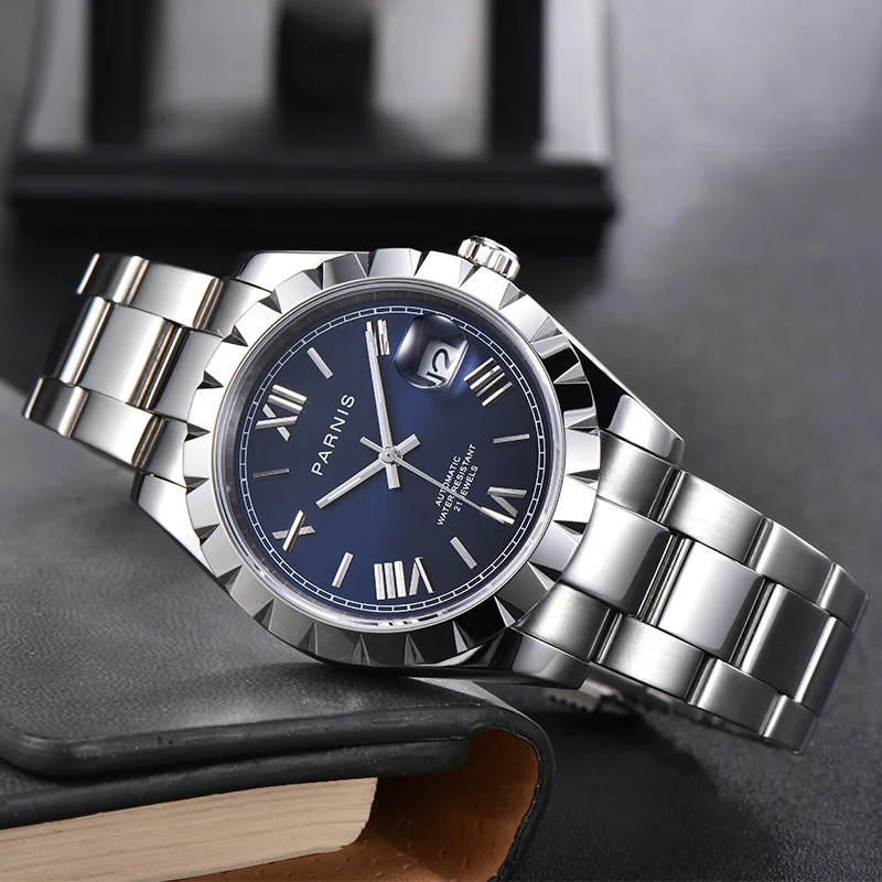 

39mm parnis Blue dial sapphire glass date miyota 8215 automatic movement mens watch