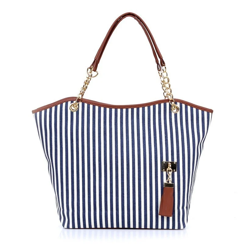 

Ladies Canvas Handbag Shoulder Bag Female Tote Bag Striped Beach Bag