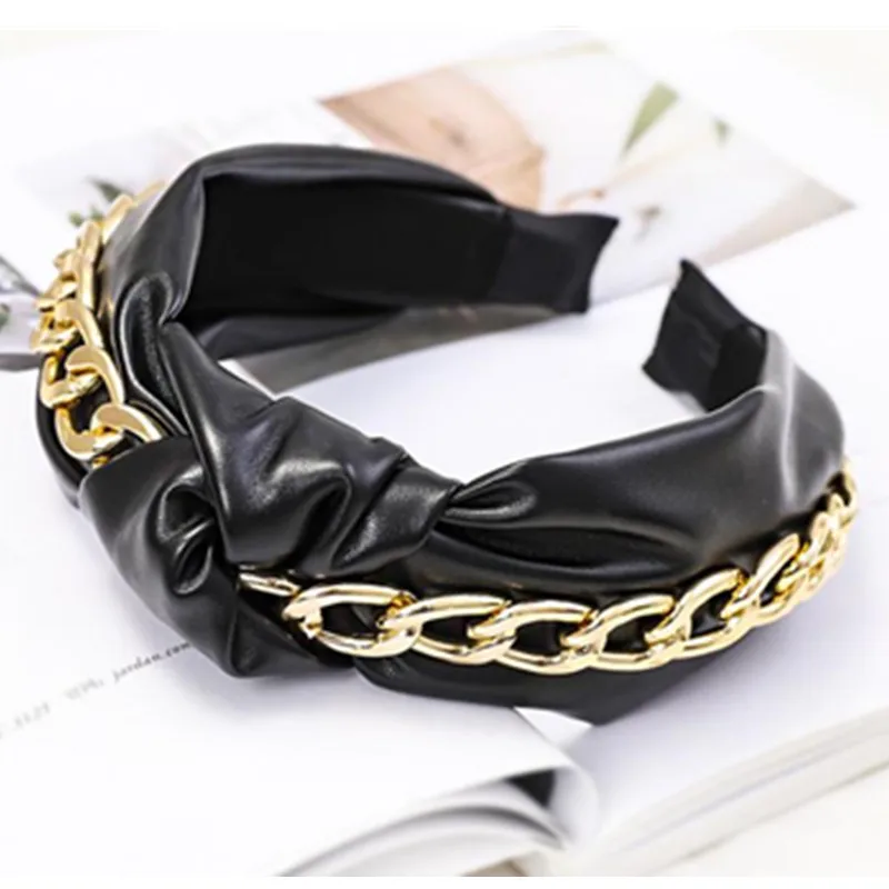 Металлическая цепь обмотки PU повязка для волос женщин Новые однотонные