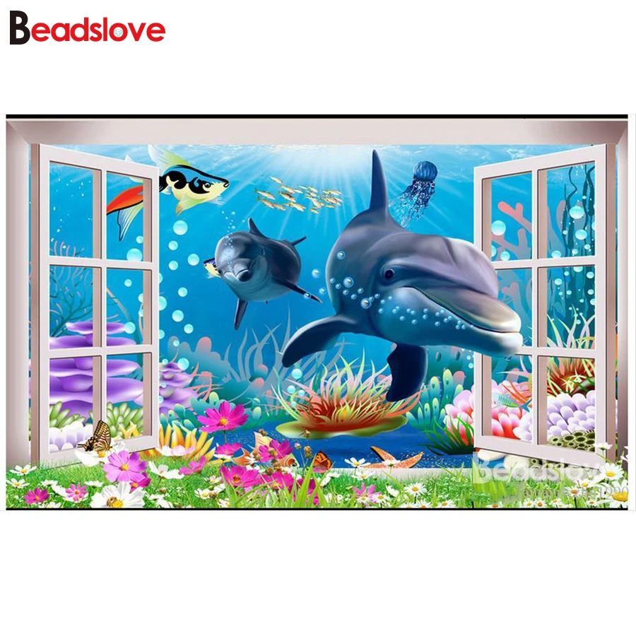 Дельфин окно пейзаж Алмазная вышивка мозаика Продажа DIY алмазная живопись