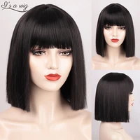 is a wig short straight black wig with bangs synthetic bob wigs for women pink red purple brown cosplay hair for party daily