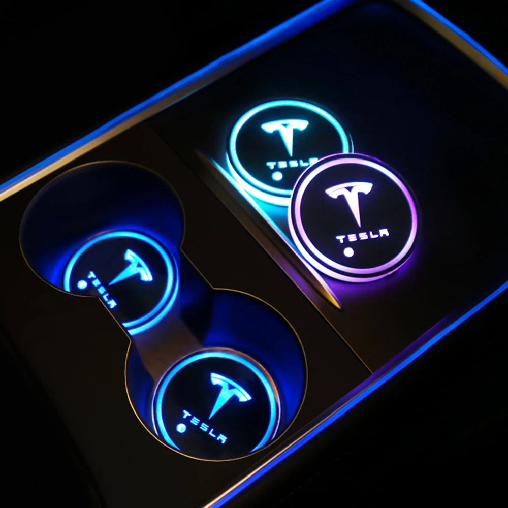 2Pcs USB Charging Colorful Intelligent Led Water Cup Luminous Coaster Car Atmosphere Light For Tesla Model 3/S/X Interior | Автомобили и