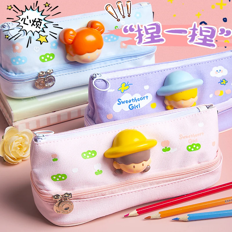 

Pencil bag primary school girl simple large capacity multi-functional double-layer decompression stationery bag canva