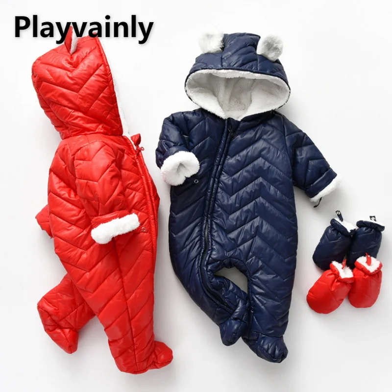

2021 Korean Style Winter Boys Girls Romper Dark Blue Red Hooded Long Sleeves Oblique Zipper Thick Jumpsuit Newborn Clothes E823