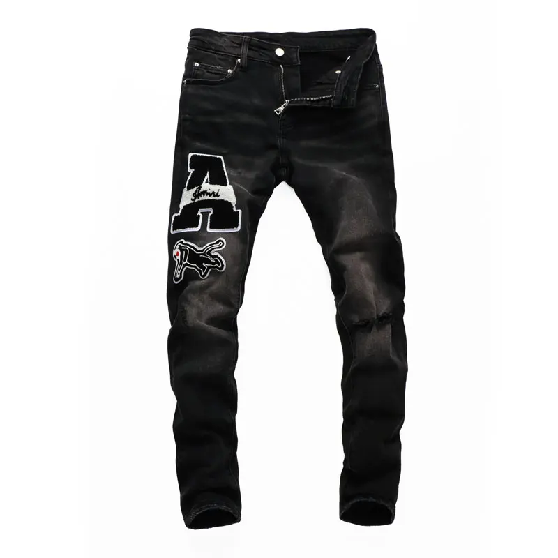 American Street Style Fashion Men Jeans Elastic Cotton Slim Ripped Jeans Men Embroidery Patch Designer Hip Hop Denim Punk Pants