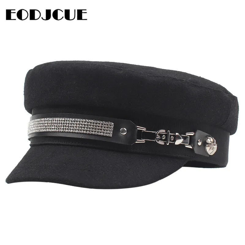 Модные капитан шляпа для женщин матросские кепки плоская кость Стразы с