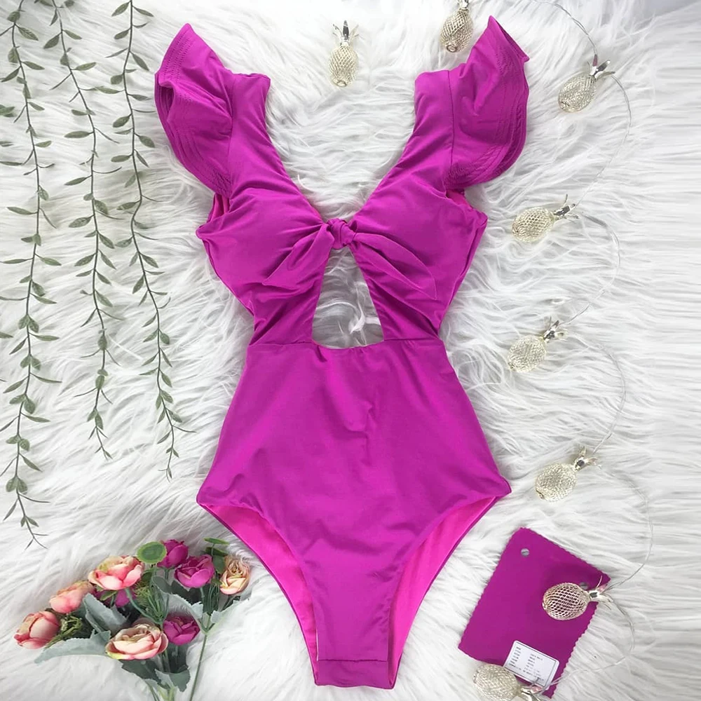2021 New Print Swimwear Deep V-neck Ruffle Swimsuit Push Up One Piece Swimsuit Beach Wear Backless