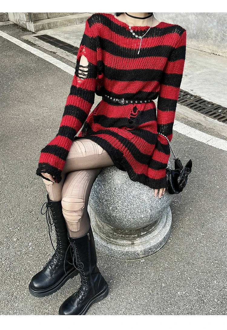 Осенне-зимний Готический Популярный Топ Harajuku с черным рваным подолом для девушек