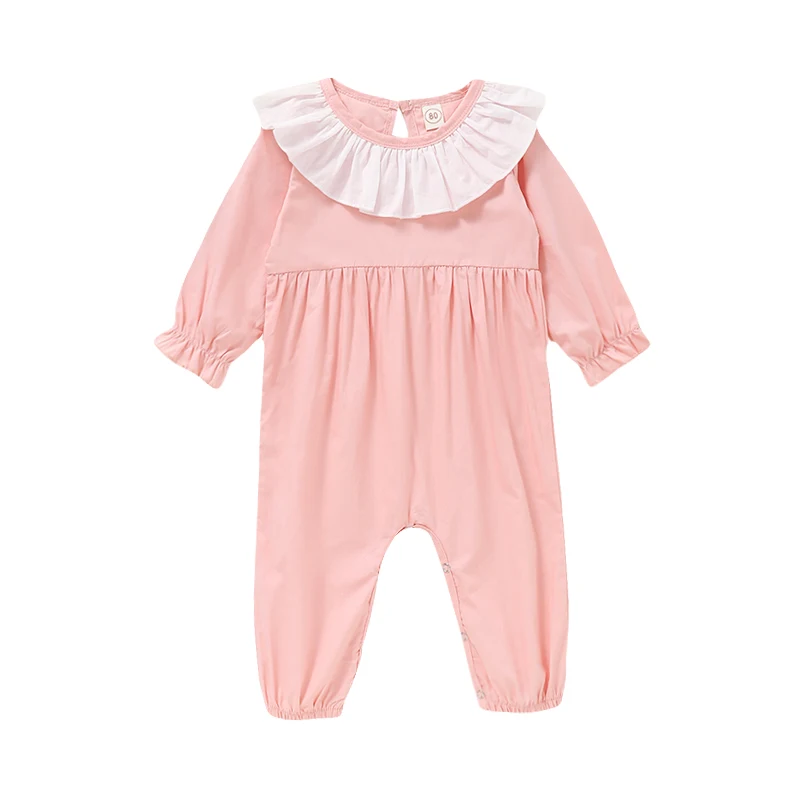 

Baby Girl Clothes Solid Jumpsuit For Newborn Baby Solid Pink Long Sleeve White Flounce Collar Jumpsuit Girls Spring Outfits