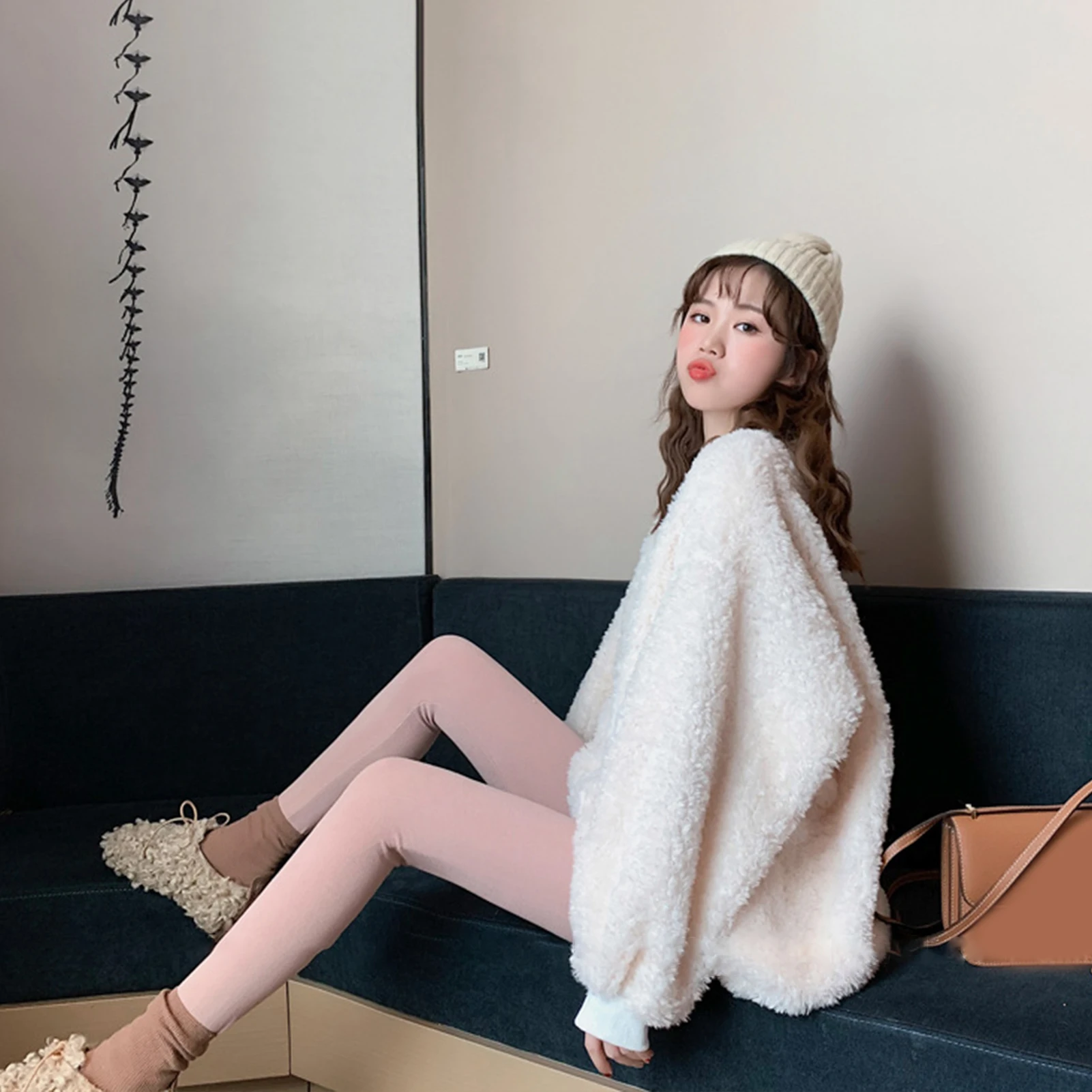 Women Autumn Winter Solid Color Pullover Plush Thick Oversized Sweatshirt Hoodie