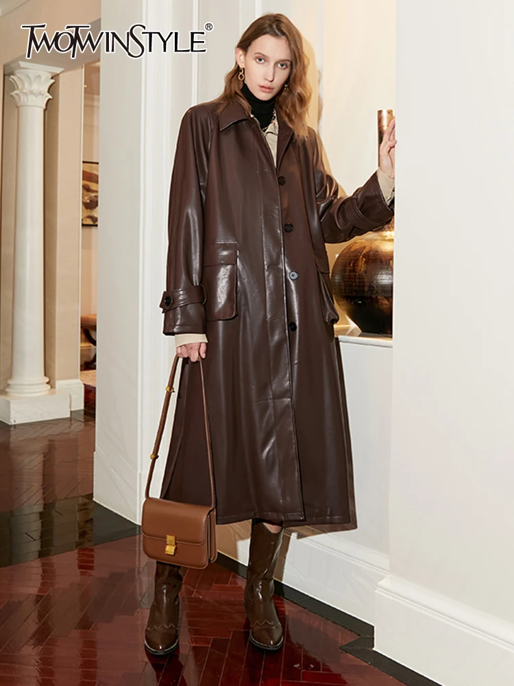 

TWOTWINSTYLE High Street Pu Trench For Women Lapel Loose Long Sleeve Single Breasted Straight Coats Female 2021 Autumn Clothing