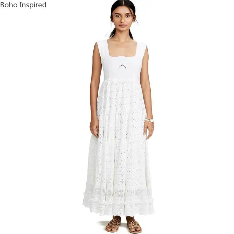 Богемный Вдохновленный Многоуровневое длинное платье Бохо с ушками и вышивкой