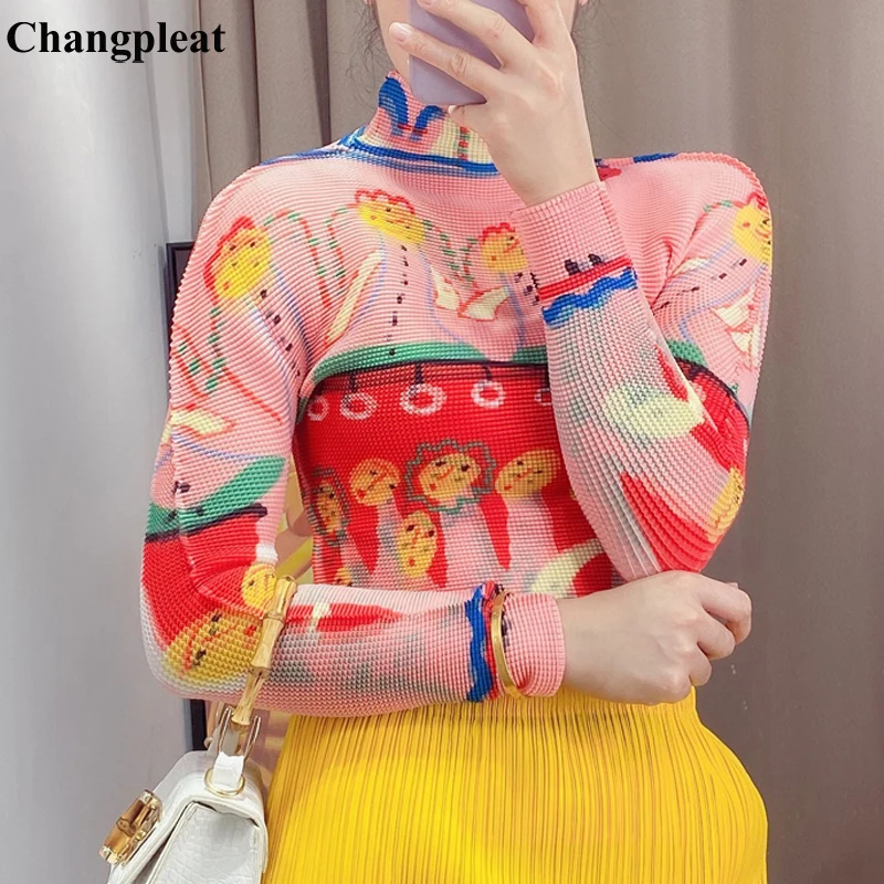 Changpleat Miyak Pleated Fashion woman tshirts Tops Long sleeve slim high collar Printed Female T-shirt Tide