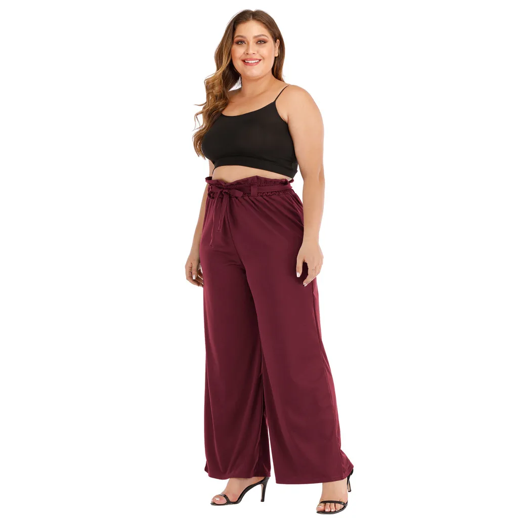 Женские повседневные брюки с широкими штанинами однотонные размера плюс #