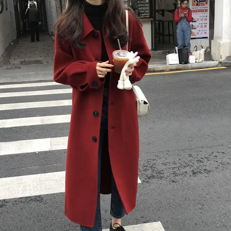 

Women 2021 Autumn Winter Elegant Solid Loose Long Wool Coat Jacket Female Woolen Overcoat New Ladies Casual Warm Outerwear Z490