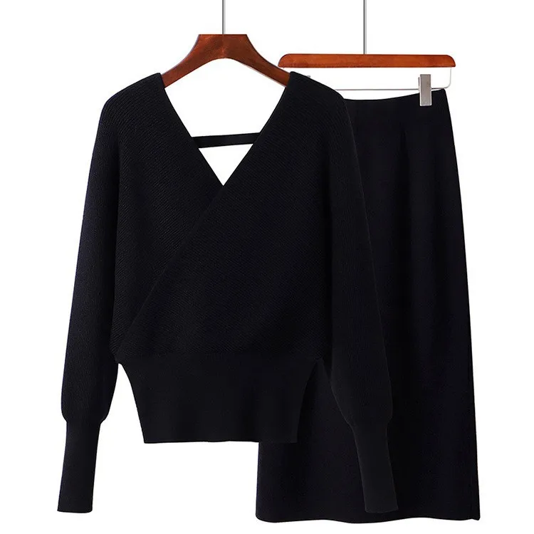 Новинка 2018 Женский вязаный комплект из двух предметов осенне зимний джемпер с v