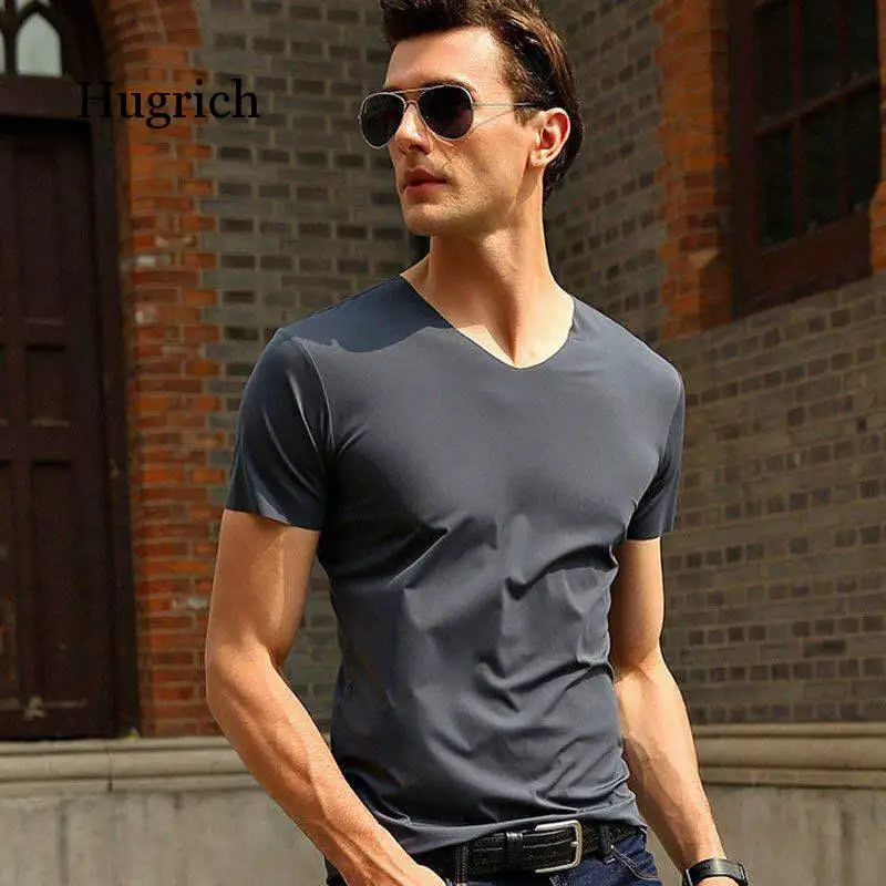 

2021 Fitness Elastic Ice T-Shirts Mens V Neck Short Sleeve for Male Micro Fiber M-5Xl Clothing