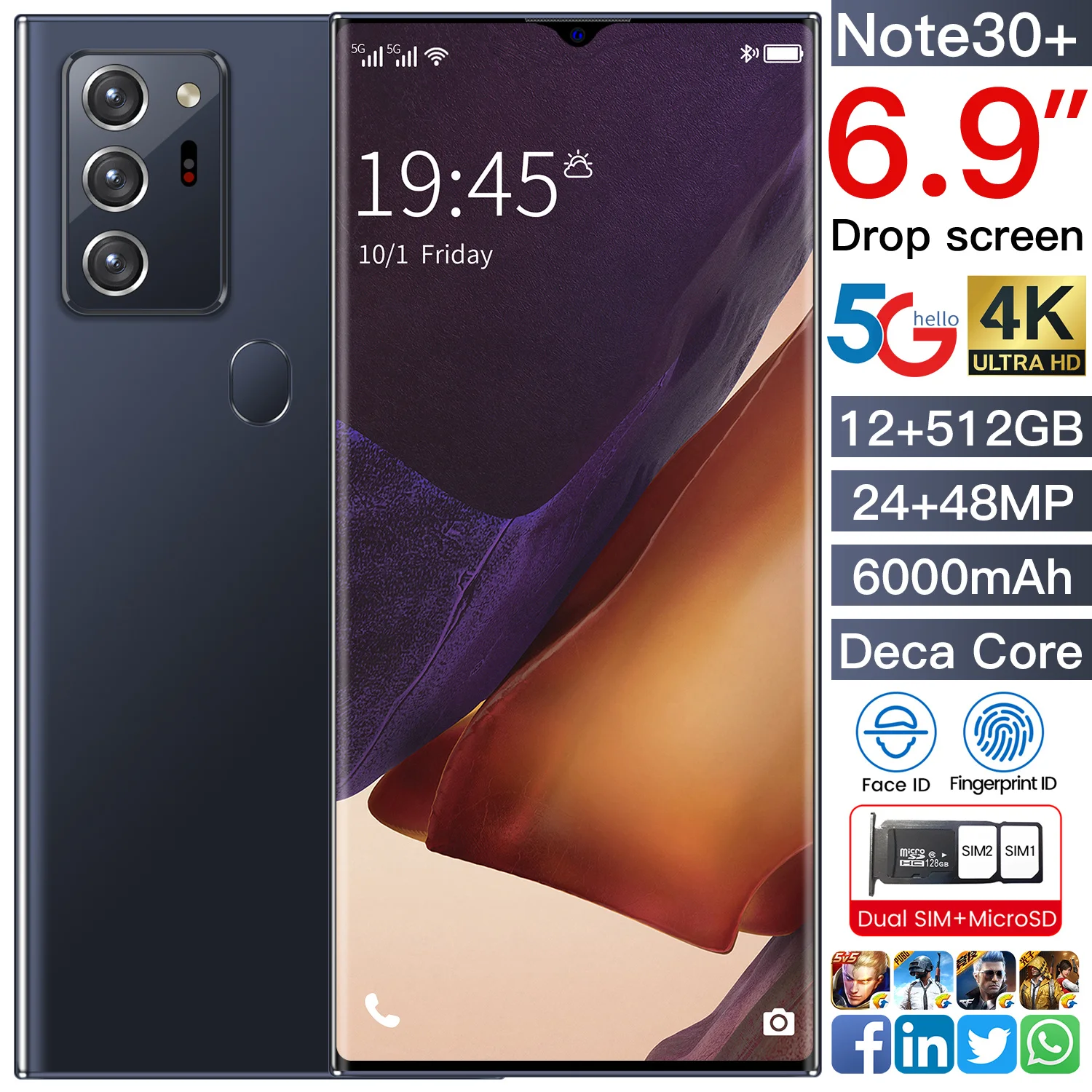 

Big Screen Note30+ 12GB+512GB 6.9inch 24MP+48MP 6000mAh Battery Telephones Android 10.0 5G 10 Core MTK6889 Telephone