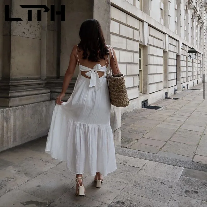 

LTPH ins hot sale linen white dress women high waist hollow Backless bowknot big hem stitching elegant dresses 2021 summer new