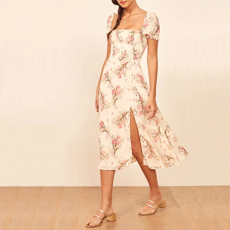 

Women casual summer dress flower print square collar short-sleeved dress Slim Vestidos