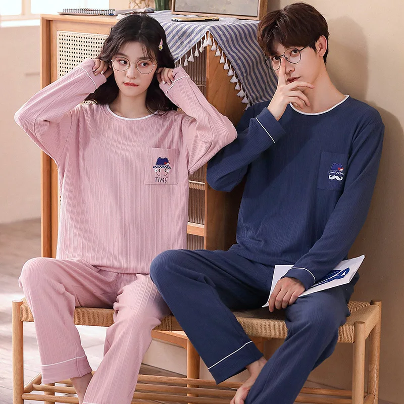 Новые осенне-зимние хлопковые Пижамные комплекты для пар с длинным рукавом в