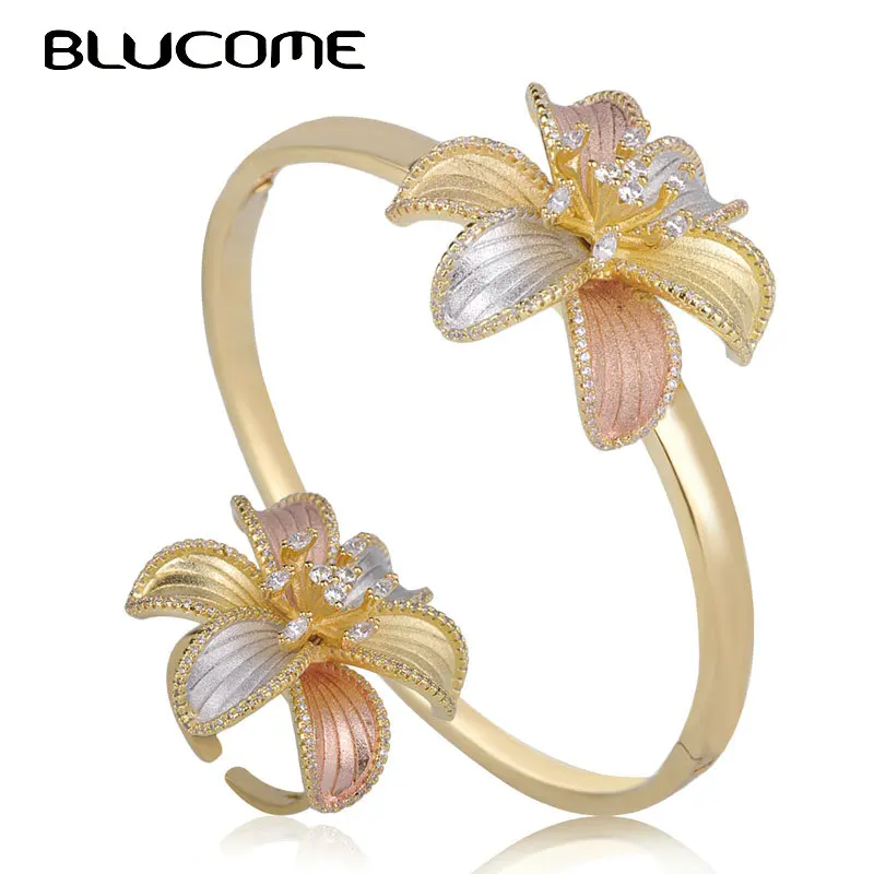 Набор свадебных колец Blucome набор из 3 тонов с регулируемым цветком меди и фианита