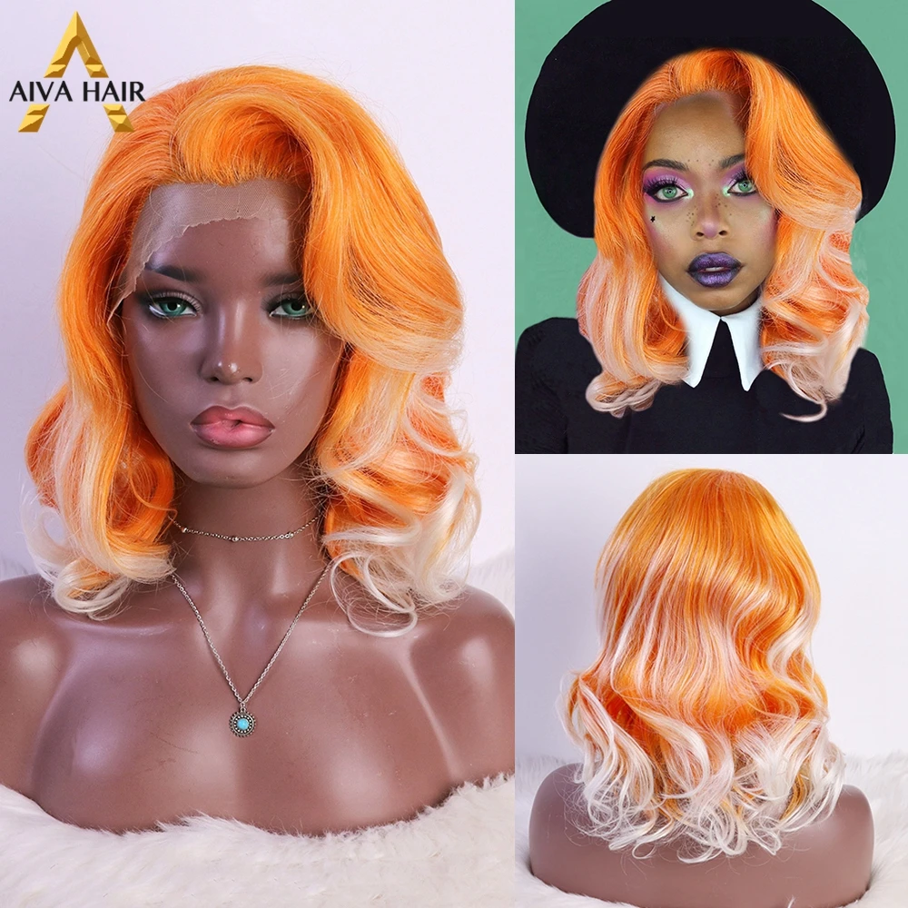 Ombre Orange White Synthetic Lace Front Wig Heat Resistant Glueless Pink Wavy Short Wig Aiva Hair Cosplay Wigs For Black Women