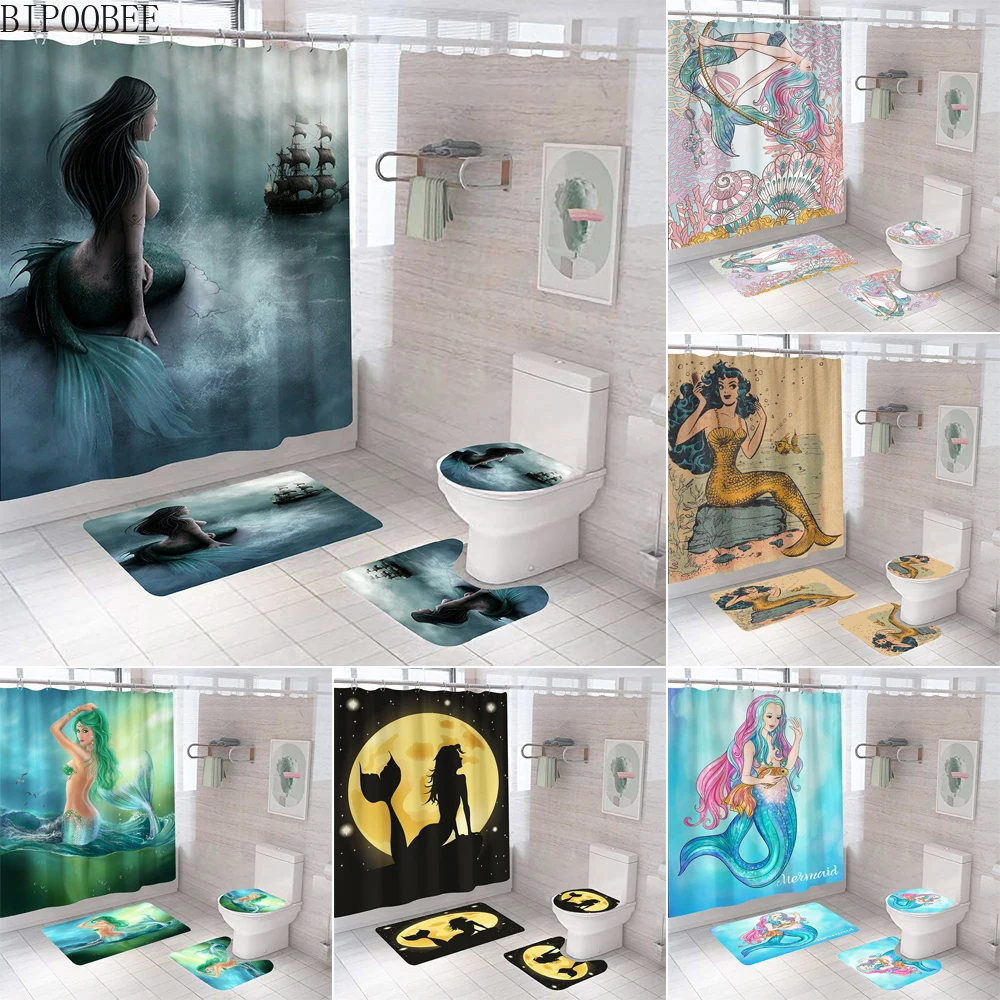 

Sexy Mermaid Print Shower Curtain Set Bath Mats Rugs Cartoons Bathroom Curtains Non-slip Carpet Toilet Lid Cover Washroom Decor