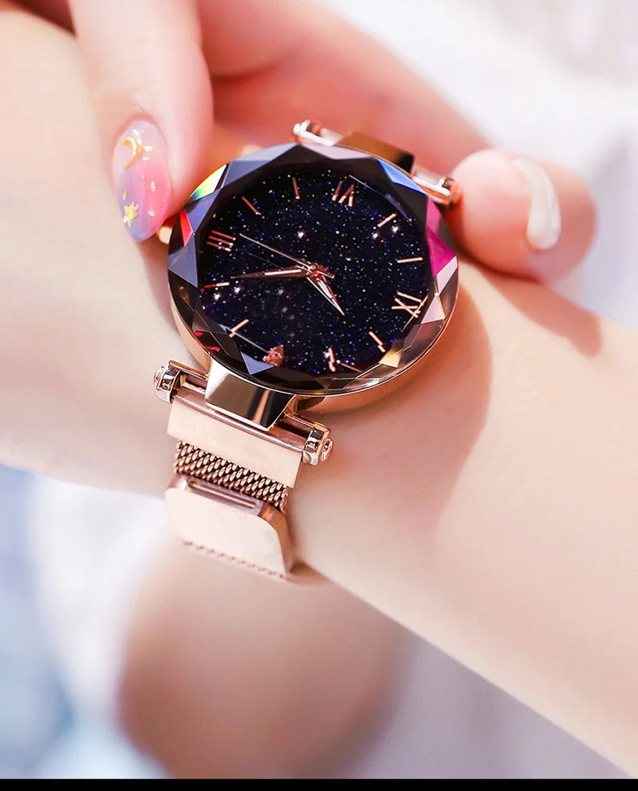 Женские наручные часы со звездным небом роскошные магнитные с золотым браслетом
